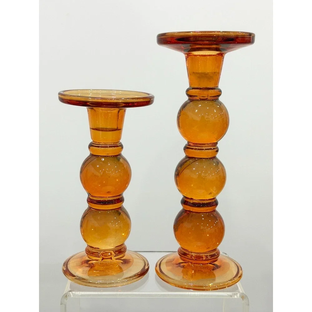 Vintage Amber Glass Pillar Pedestal Candle Holders Set of 3